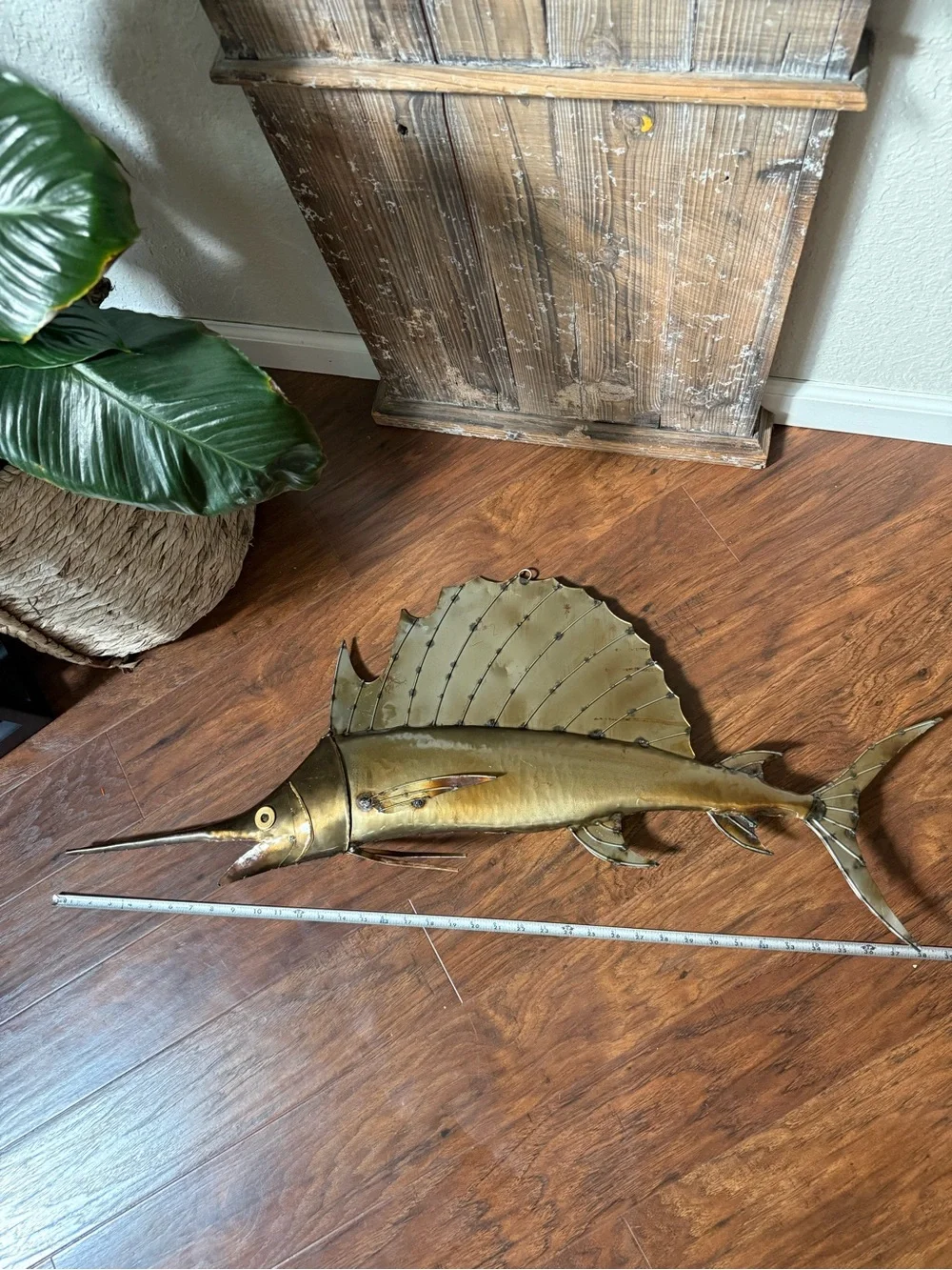 Metal Sailfish Wall Sculpture Brass Color  38 In.  Coastal Folk Art